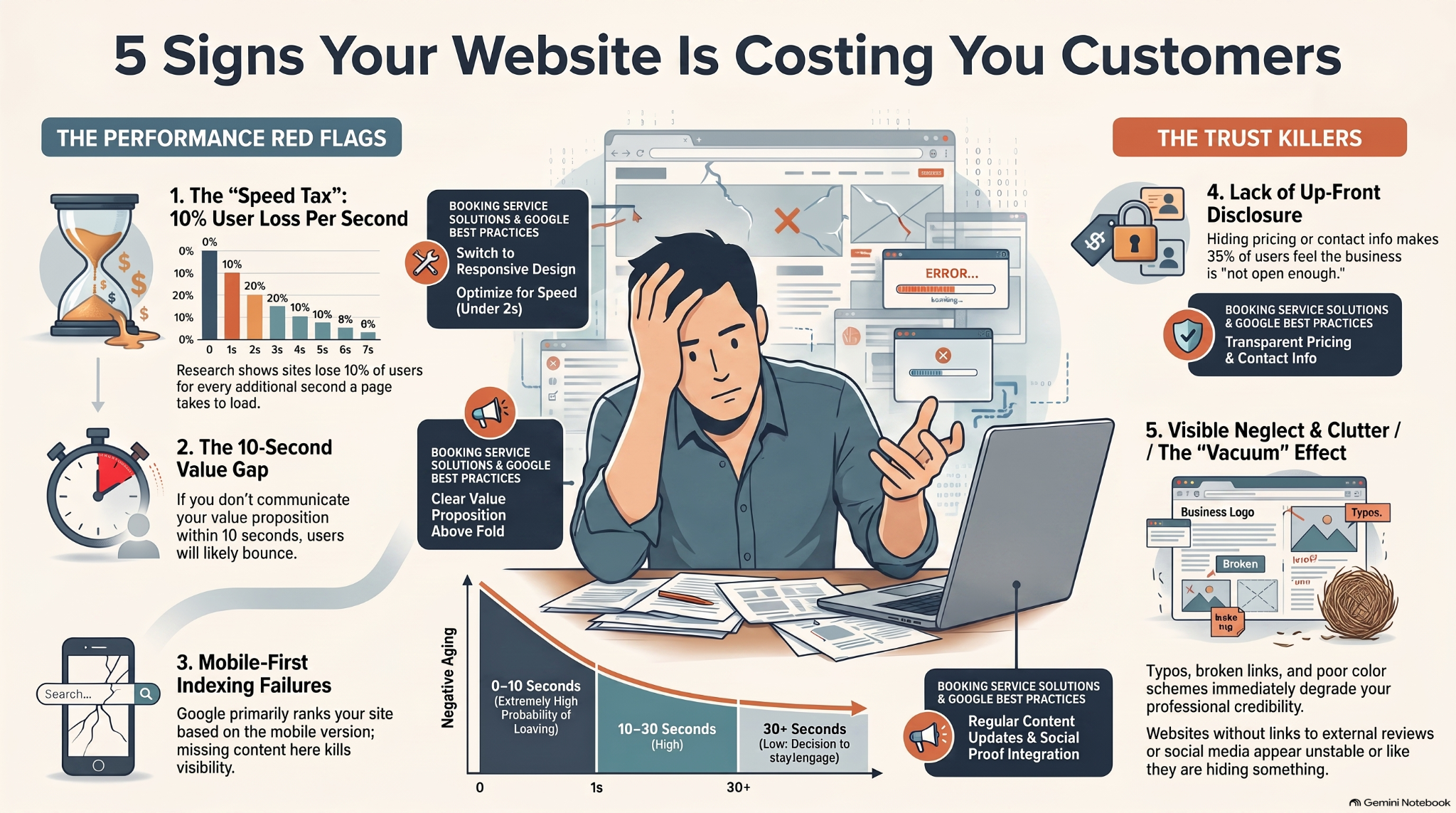 Infographic explaining five website issues that can cost a small business customers, including slow speed, unclear value, poor mobile design, missing information, and visible neglect